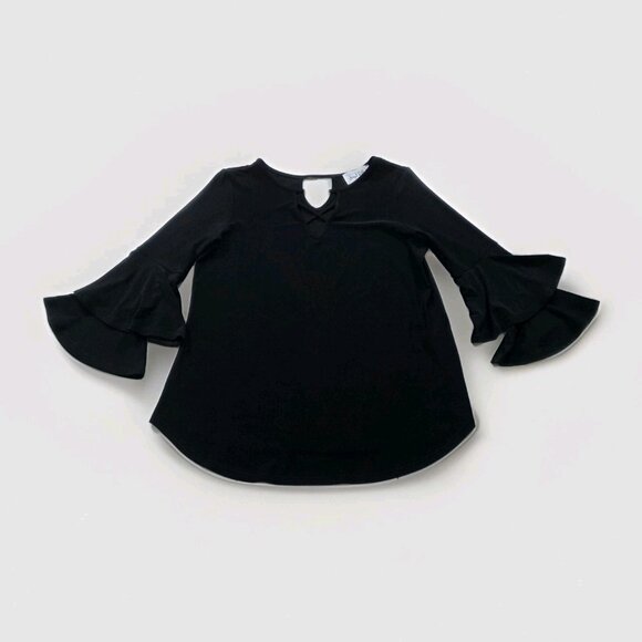 Joseph Ribkoff Top Womens 6 Black V Neck 3/4 Tiered Sleeve High Low Hem Witchy - Picture 9 of 15